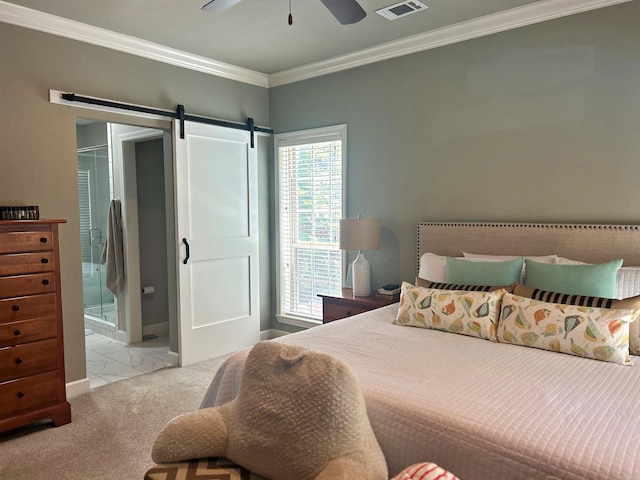 3 Timber Ridge Cir, Arkadelphia, AR 71923 - bedroom featuring a barn door, ornamental molding, ensuite bathroom, and ceiling fan