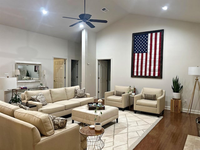 3 Timber Ridge Cir, Arkadelphia, AR 71923 - living room featuring wood finished floors, a ceiling fan, high vaulted ceiling, and recessed lighting
