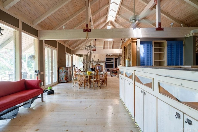 1032 Nunis Dr, Heber Springs, AR 72543 - kitchen with wood ceiling, light wood-style floors, and white cabinetry