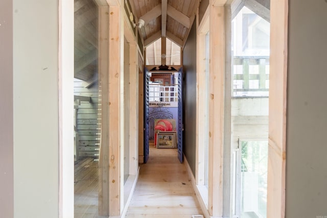 1032 Nunis Dr, Heber Springs, AR 72543 - hallway featuring light wood-type flooring and wood ceiling
