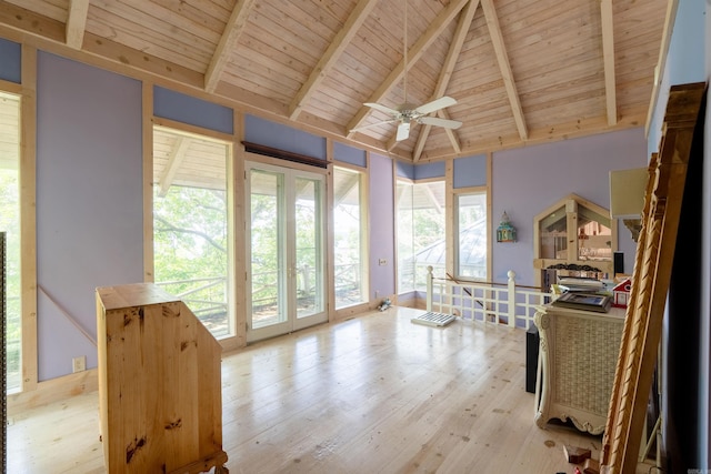 1032 Nunis Dr, Heber Springs, AR 72543 - office area with a wooden ceiling with exposed beams, wood finished floors, ceiling fan, french doors, and high vaulted ceiling