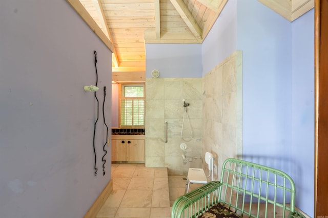 1032 Nunis Dr, Heber Springs, AR 72543 - bathroom with wood ceiling, a tile shower, and tile patterned flooring