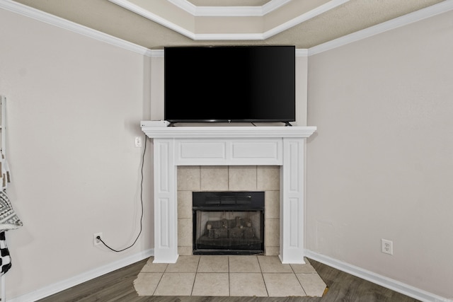 19 Mustang, Cabot, AR 72023 - detailed view of wood finished floors, a fireplace, ornamental molding, and a tray ceiling
