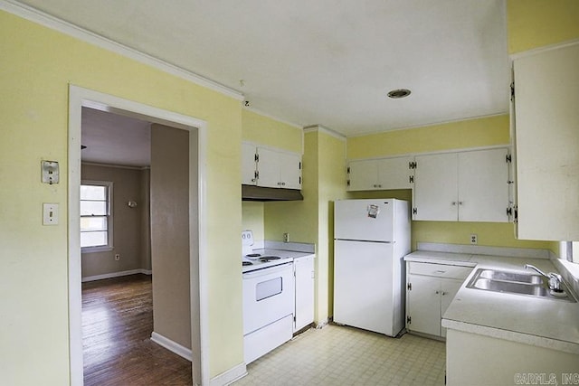 1810 N Mississippi, Little Rock, AR 72227 - kitchen featuring white appliances, light countertops, under cabinet range hood, crown molding, and white cabinets