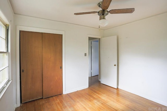 1810 N Mississippi, Little Rock, AR 72227 - unfurnished bedroom featuring light wood-type flooring, a closet, ornamental molding, and a ceiling fan