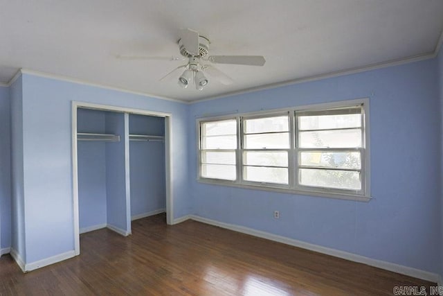 1810 N Mississippi, Little Rock, AR 72227 - unfurnished bedroom featuring dark wood-style floors, a closet, crown molding, and a ceiling fan