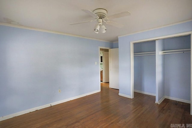 1810 N Mississippi, Little Rock, AR 72227 - unfurnished bedroom featuring ornamental molding, wood finished floors, a closet, and a ceiling fan