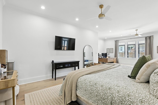153 Caurel Cir, Little Rock, AR 72223 - bedroom featuring a desk, light wood-style floors, recessed lighting, ornamental molding, and ceiling fan