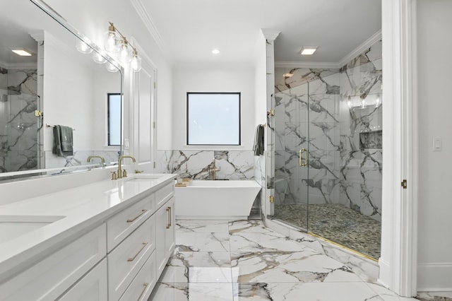 153 Caurel Cir, Little Rock, AR 72223 - bathroom with crown molding, marble tiled flooring, a marble finish shower, double vanity, and a freestanding bath