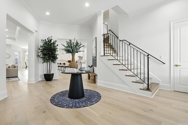 153 Caurel Cir, Little Rock, AR 72223 - stairway with wood finished floors, ornamental molding, and recessed lighting