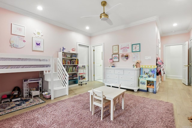 153 Caurel Cir, Little Rock, AR 72223 - bedroom featuring ornamental molding, light wood-type flooring, recessed lighting, and a ceiling fan