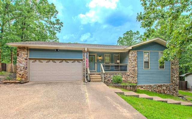 81 Stoneledge Dr, Maumelle, AR 72113 - ranch-style home featuring stone siding, driveway, a porch, an attached garage, and roof with shingles
