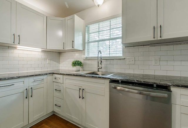 81 Stoneledge Dr, Maumelle, AR 72113 - kitchen featuring dishwasher, tasteful backsplash, white cabinets, and dark stone countertops