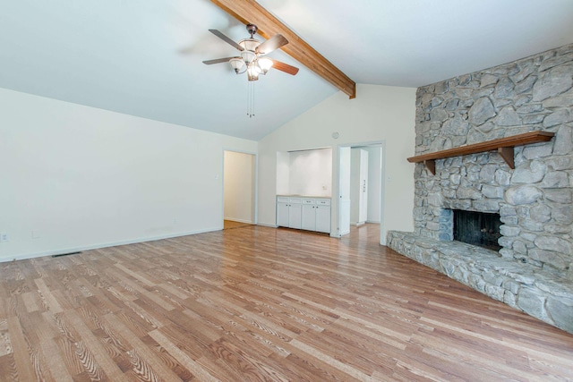 81 Stoneledge Dr, Maumelle, AR 72113 - unfurnished living room with ceiling fan, light wood finished floors, and a fireplace