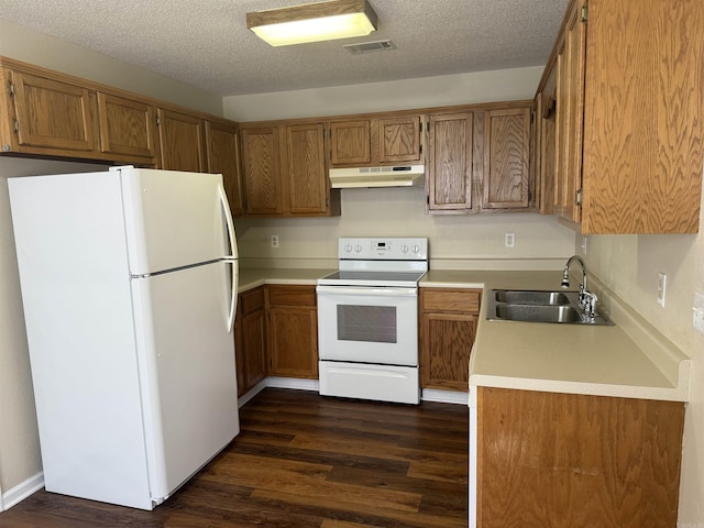 609 Scenic Vly, Heber Springs, AR 72543 - kitchen with white appliances, under cabinet range hood, dark wood-style flooring, brown cabinetry, and light countertops
