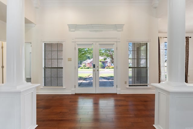 930 Enderlin, Conway, AR 72034 - entrance foyer with ornate columns, dark wood-style floors, french doors, and crown molding