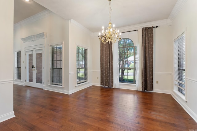 930 Enderlin, Conway, AR 72034 - unfurnished room with a chandelier, wood-type flooring, crown molding, and french doors