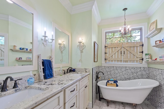13518 Pikes Peak Pl, Rogers, AR 72756 - bathroom with a chandelier, double vanity, a soaking tub, crown molding, and tile walls