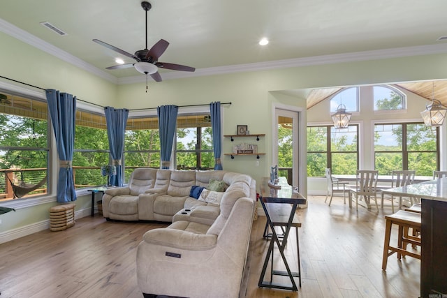13518 Pikes Peak Pl, Rogers, AR 72756 - living room with a ceiling fan, crown molding, and wood-type flooring
