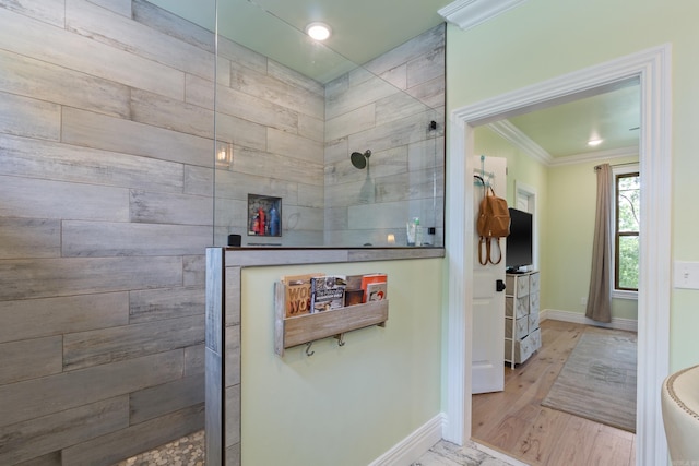 13518 Pikes Peak Pl, Rogers, AR 72756 - full bathroom featuring walk in shower, ornamental molding, wood finished floors, and recessed lighting