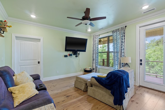 13518 Pikes Peak Pl, Rogers, AR 72756 - living room with hardwood / wood-style floors, crown molding, ceiling fan, and recessed lighting
