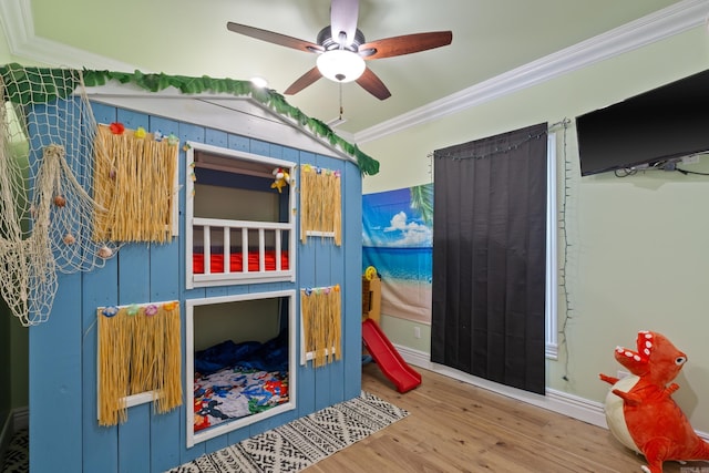13518 Pikes Peak Pl, Rogers, AR 72756 - bedroom featuring wood finished floors, crown molding, and ceiling fan