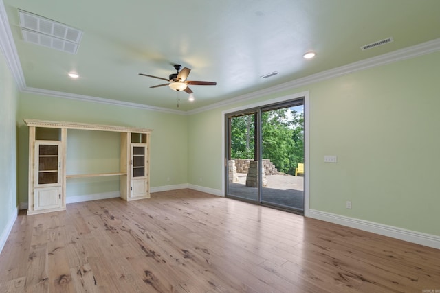 13518 Pikes Peak Pl, Rogers, AR 72756 - empty room with a ceiling fan, light wood-style flooring, crown molding, and recessed lighting