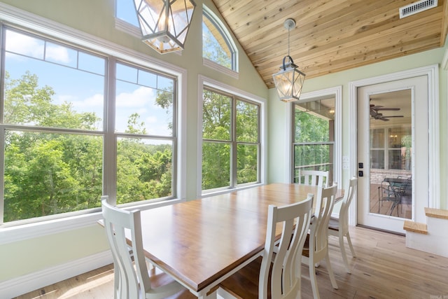 13518 Pikes Peak Pl, Rogers, AR 72756 - dining space featuring lofted ceiling, wooden ceiling, light wood-style floors, and a skylight
