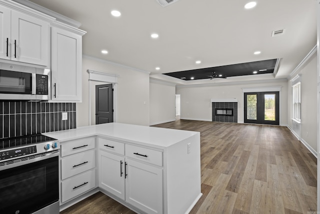 7213 Stonehenge Dr, Sherwood, AR 72120 - kitchen with appliances with stainless steel finishes, ornamental molding, a fireplace, a ceiling fan, and tasteful backsplash