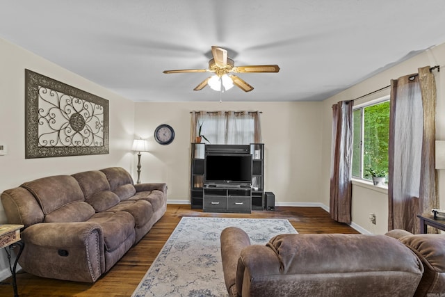 4005 W Berkley Dr, North Little Rock, AR 72118 - living area with a ceiling fan and dark wood-style floors