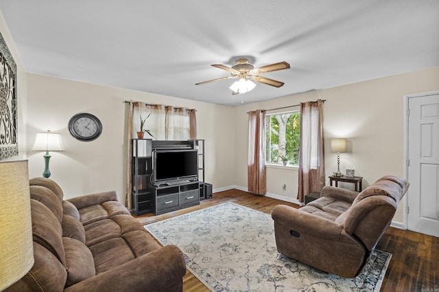 4005 W Berkley Dr, North Little Rock, AR 72118 - living area with ceiling fan and dark wood-style floors