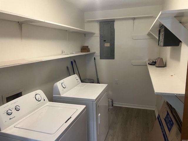 11 Laura Ln, Conway, AR 72034 - laundry area with electric panel, washing machine and clothes dryer, and dark wood-style flooring