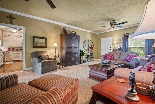 410 E Green St, Morrilton, AR 72110 - living room featuring ceiling fan, light carpet, a textured ceiling, and crown molding