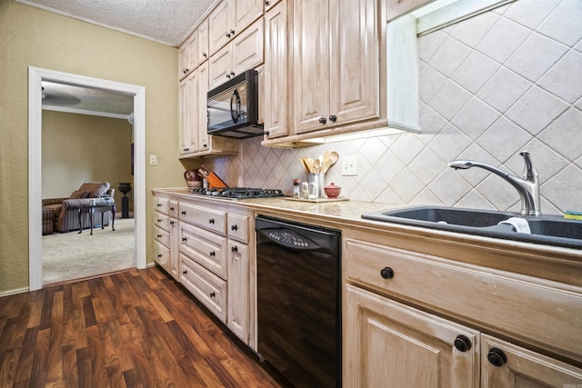 410 E Green St, Morrilton, AR 72110 - kitchen with black appliances, light countertops, decorative backsplash, a textured ceiling, and dark wood-type flooring