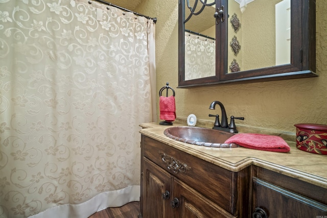 410 E Green St, Morrilton, AR 72110 - full bath featuring a textured wall, vanity, wood finished floors, and a shower with shower curtain
