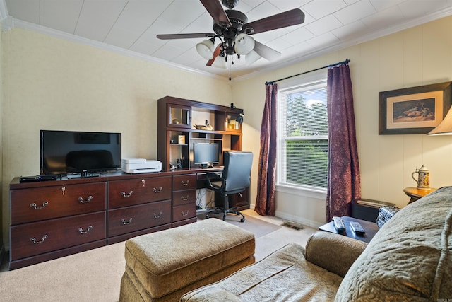 410 E Green St, Morrilton, AR 72110 - carpeted living room with a ceiling fan, ornamental molding, and an office area