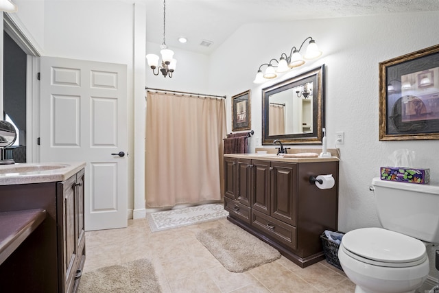 410 E Green St, Morrilton, AR 72110 - bathroom featuring vanity, vaulted ceiling, tile patterned floors, a chandelier, and a shower with shower curtain