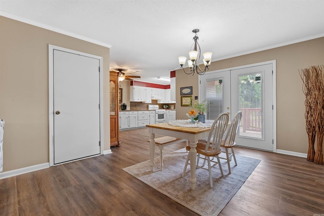 31 Deerfield Dr, Sherwood, AR 72120 - dining room featuring a chandelier, ornamental molding, dark wood-style flooring, french doors, and ceiling fan