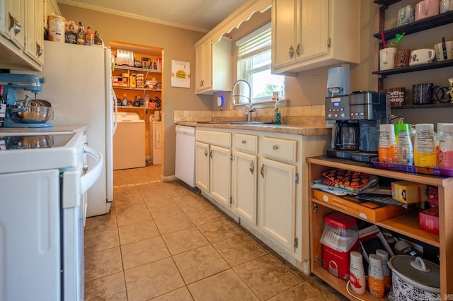 15 Glade Rd, Sherwood, AR 72076 - kitchen featuring dishwasher, independent washer and dryer, crown molding, light countertops, and stove