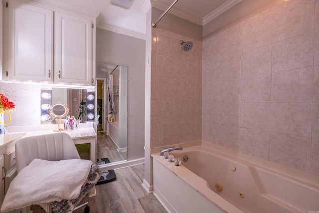 4203 Glenda Ln, Benton, AR 72019 - full bathroom with a tub with jets, ornamental molding, wood finished floors, and a shower