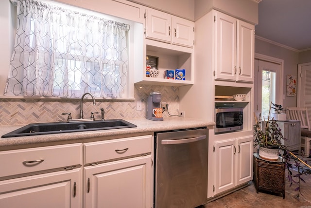 4203 Glenda Ln, Benton, AR 72019 - kitchen featuring appliances with stainless steel finishes, tasteful backsplash, white cabinets, crown molding, and open shelves