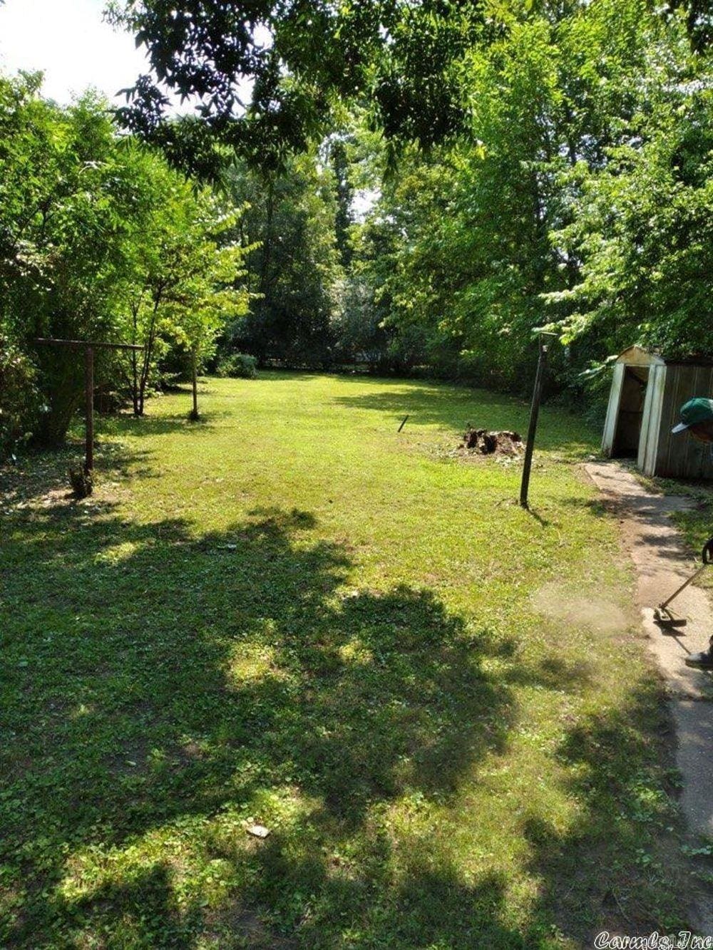 view of grassy yard with a shed