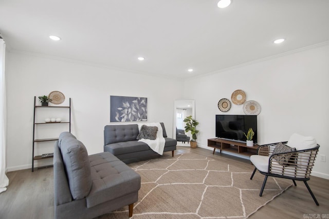 2616 Old Forge Dr, Little Rock, AR 72227 - living room with wood finished floors, crown molding, and recessed lighting