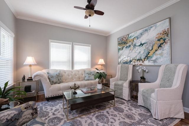 2222 N University, Little Rock, AR 72207 - living room with plenty of natural light, wood finished floors, ceiling fan, and ornamental molding