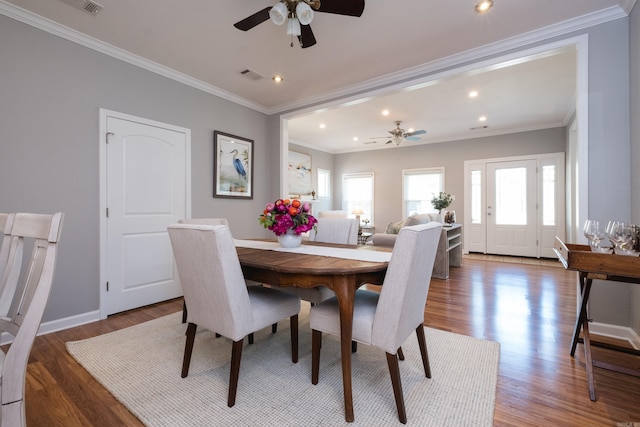 2222 N University, Little Rock, AR 72207 - dining room featuring ceiling fan, wood finished floors, crown molding, and recessed lighting