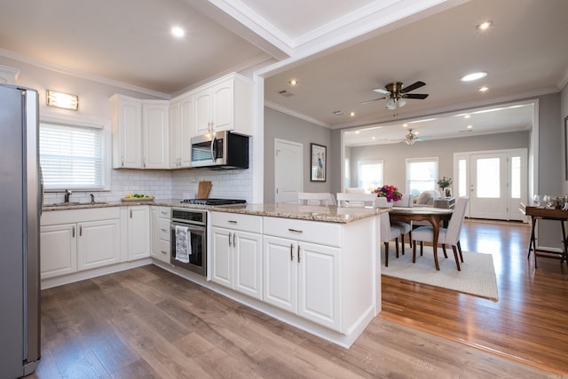 2222 N University, Little Rock, AR 72207 - kitchen featuring appliances with stainless steel finishes, ornamental molding, wood finished floors, light stone countertops, and healthy amount of natural light