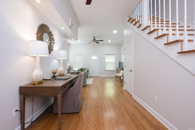 2222 N University, Little Rock, AR 72207 - entrance foyer with a ceiling fan, wood finished floors, and recessed lighting