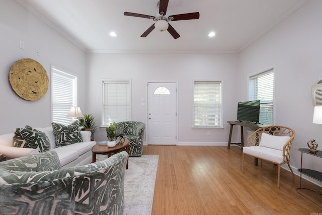 2222 N University, Little Rock, AR 72207 - living area featuring ceiling fan, light wood-style floors, ornamental molding, and recessed lighting
