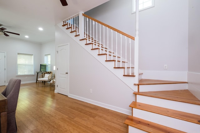 2222 N University, Little Rock, AR 72207 - staircase featuring a ceiling fan, wood finished floors, recessed lighting, and ornamental molding