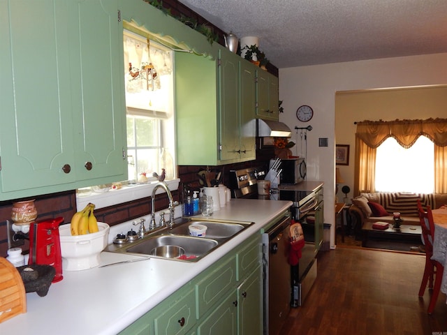 155 N Ridge Rd, Heber Springs, AR 72543 - kitchen featuring appliances with stainless steel finishes, green cabinetry, range hood, light countertops, and a textured ceiling